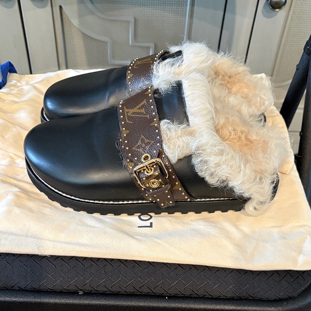 Louis Vuitton Black and Brown Shearling Mules